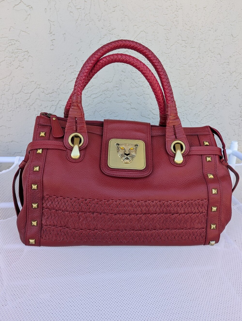 Sharif 1827 Red Leather Panther Hardware Satchel Tote Bag Y2K VTG